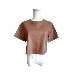 Olivaceous Faux Leather Crop Top Boxy Light Brown T-shirt Zip Back Women’s M EUC